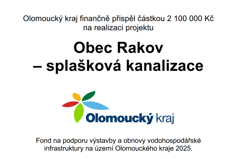 Dotace od Olomouckého Kraje na splaškovou kanalizaci